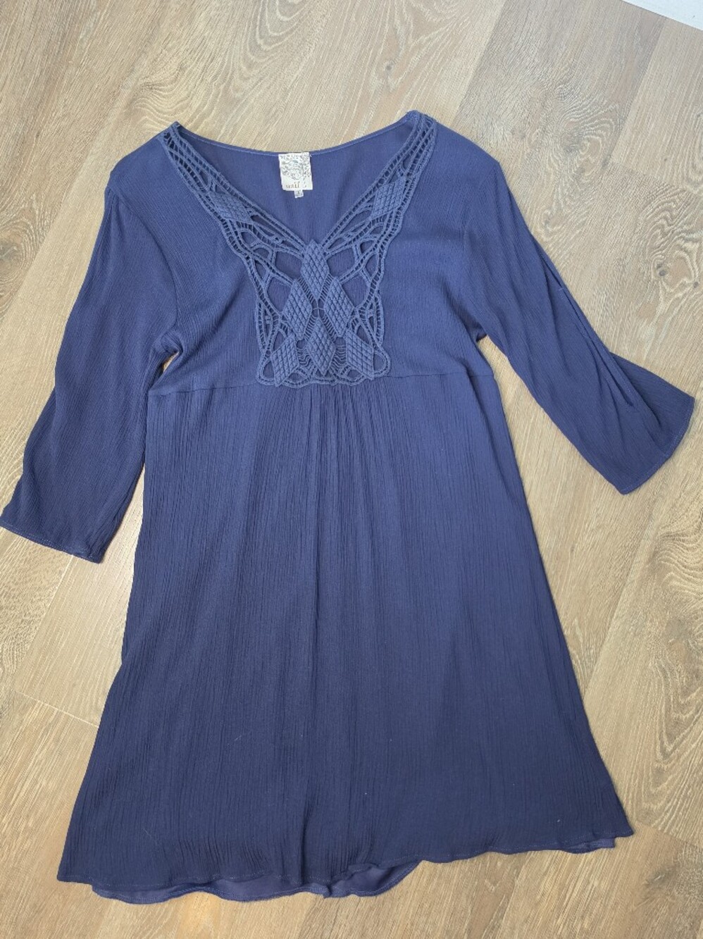 Naif Navy Crochet Lace Boho Dress Crinkle Gauze Bell Sleeve Cottagecore L